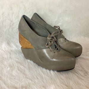 Allsaints Gray Graphite Bura Platform Oxford Wooden Wedge Heels EU 38